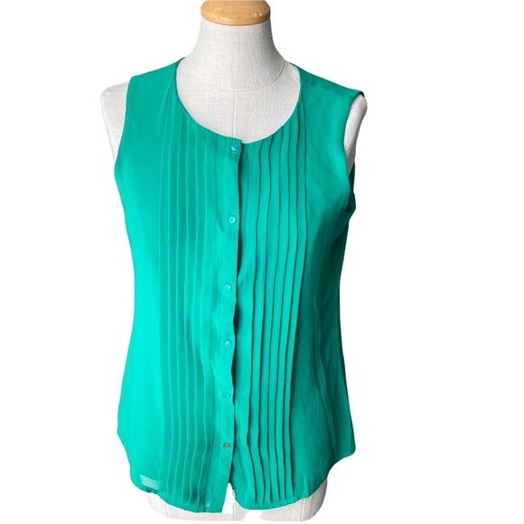 🌸 LOFT Kelly Green Sleeveless Pintuck Button up Blouse Top - Picture 1 of 6